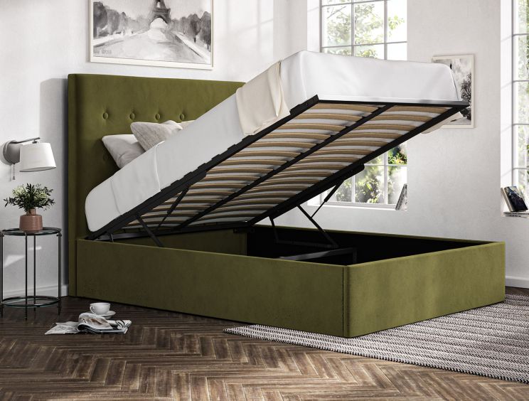 Piper Hugo Olive Upholstered Ottoman Double Bed Frame Only