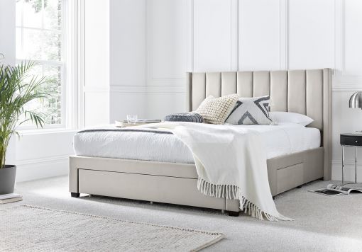 Elegance Natural Beige Upholstered Drawer Bed Frame Only