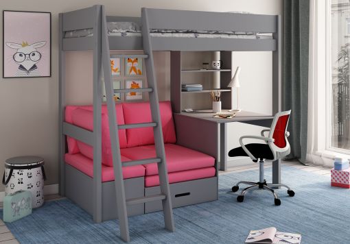 Estella Grey High Sleeper Bed Frame With Desk & Pink Futon