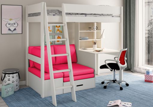 Estella White High Sleeper Bed Frame With Desk & Pink Futon