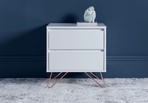 Sofia 2 Drawer White Bedside With Brass Steel Feet
