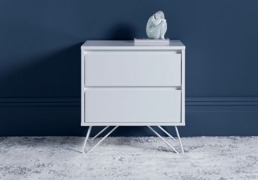 Sofia 2 Drawer White Bedside With Stainless Steel Feet