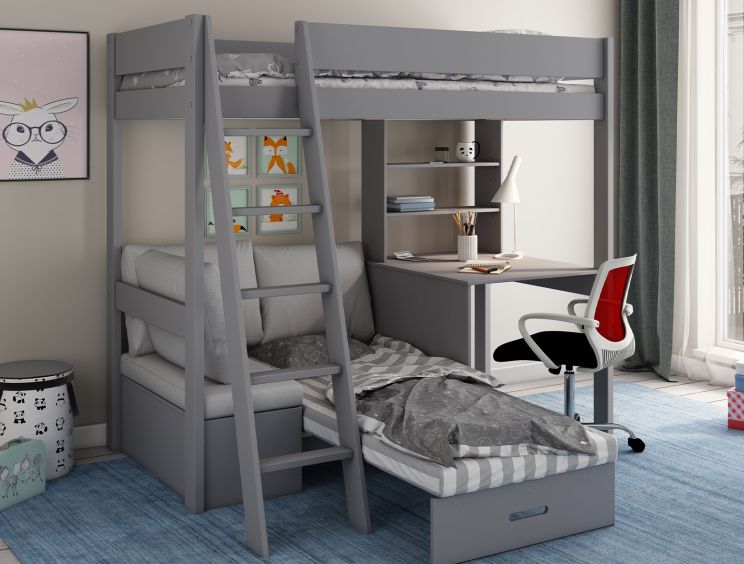 Estella Grey High Sleeper Bed Frame With Desk & Grey Futon
