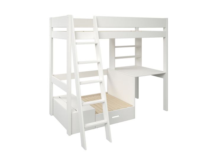 Estella White High Sleeper Bed Frame With Desk & Grey Futon