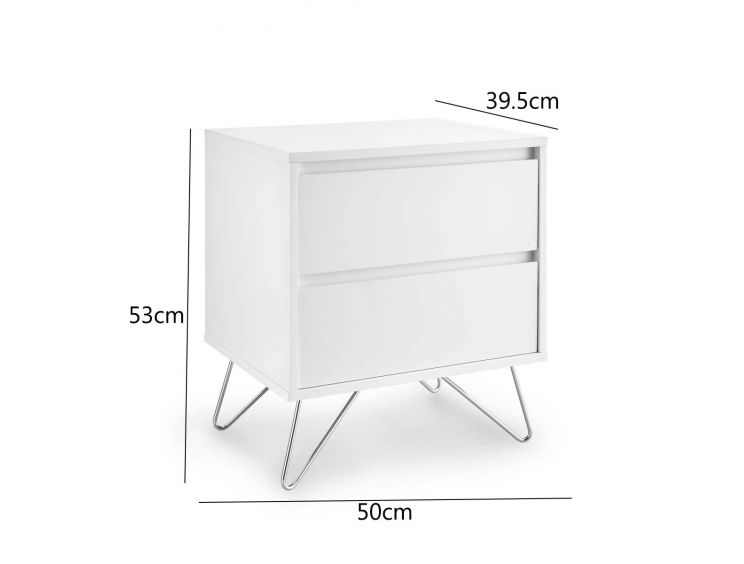 Sofia 2 Drawer Bedside White With Stainless Steel Feet