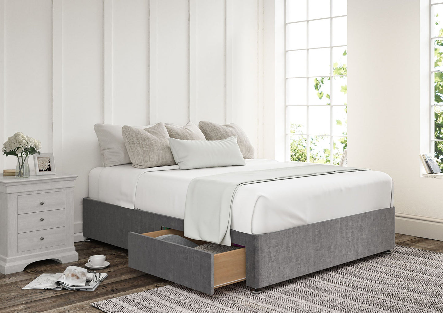 2 Drawer Upholstered Storage Base Bed Time4Sleep Double Heritage Steel
