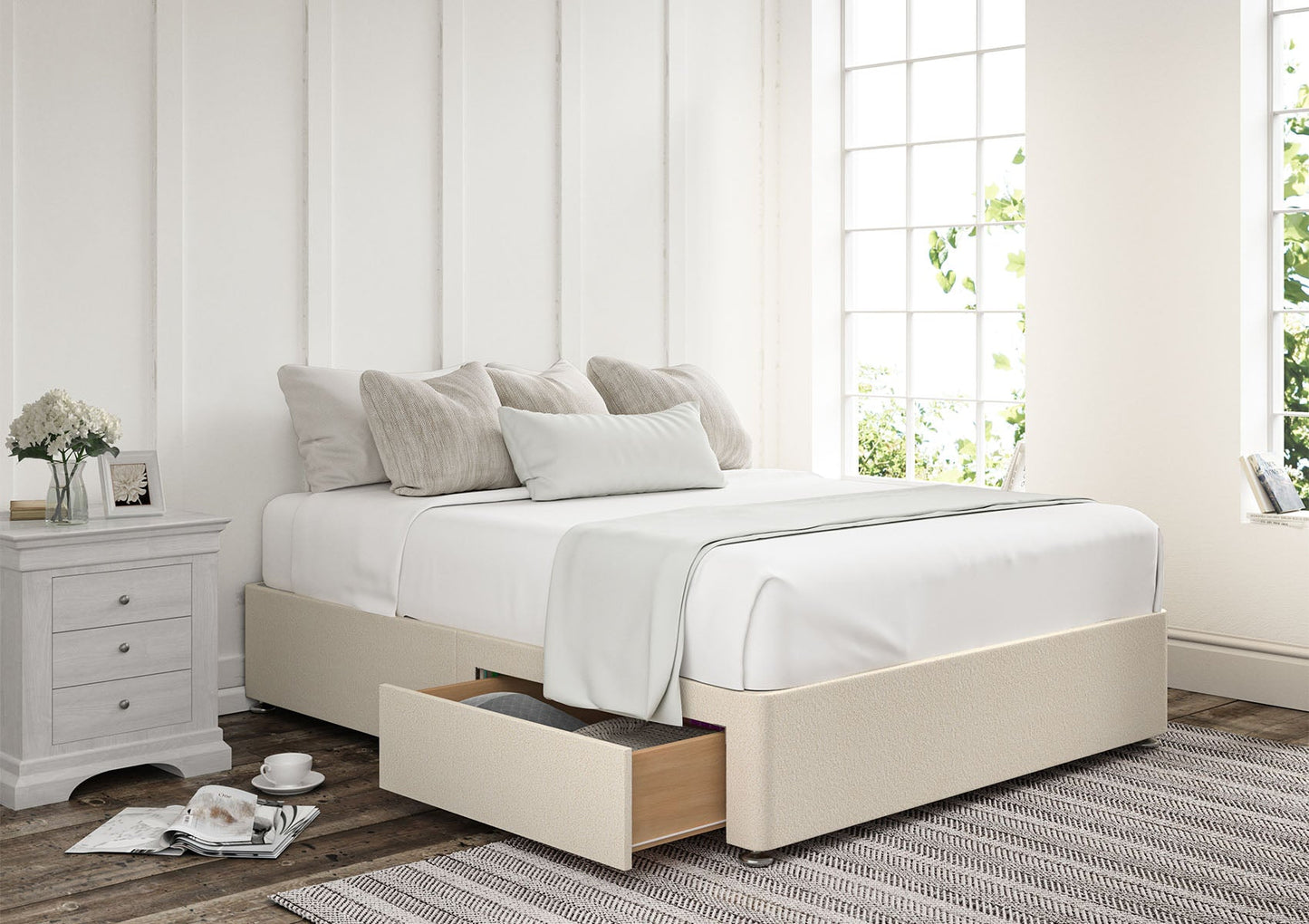 2 Drawer Upholstered Storage Base Bed Time4Sleep Compact Double Teddy Cream