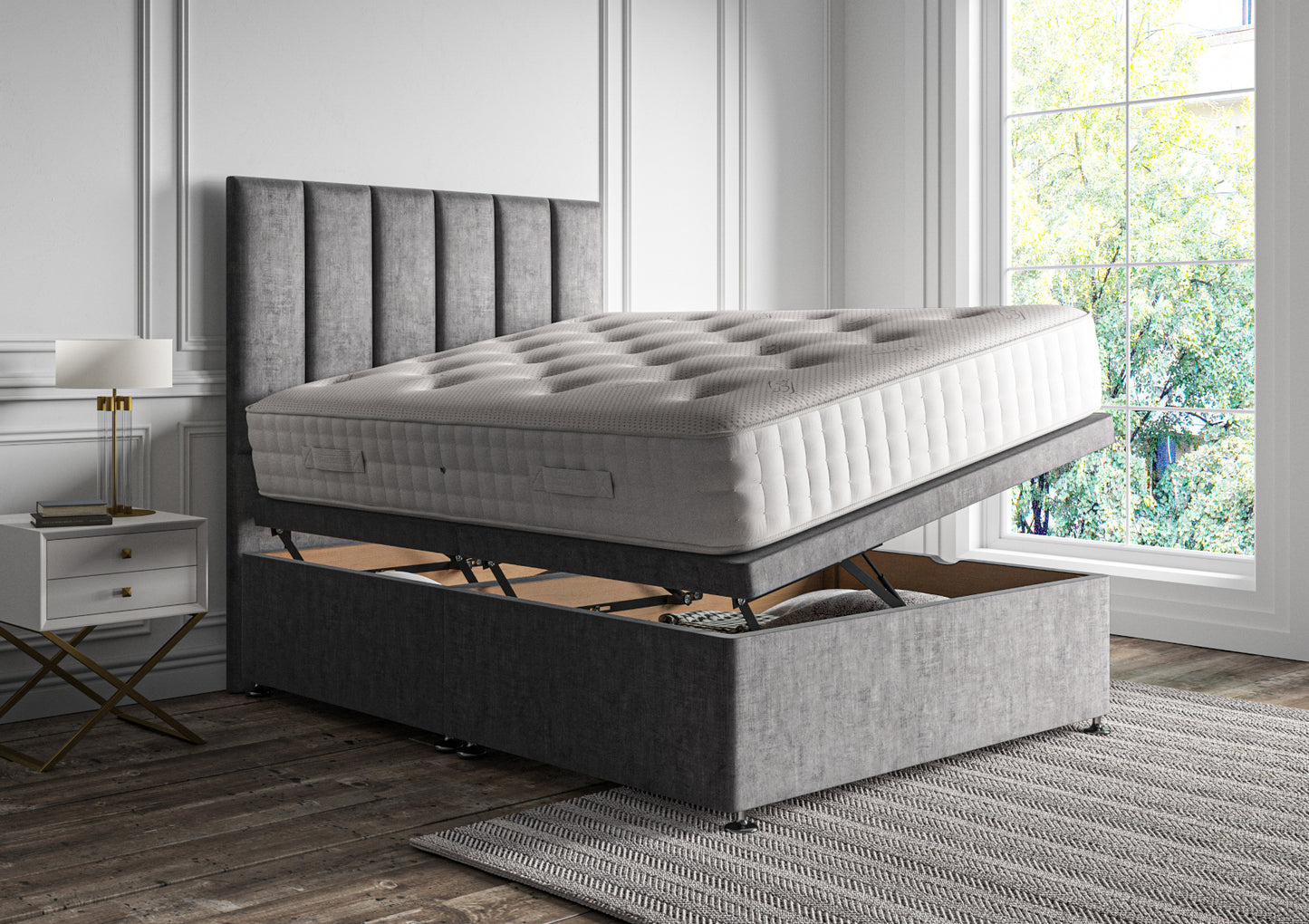 Empire Upholstered Floor Standing Headboard and Side Opening Ottoman Including Silk 2000 Mattress Bed Deep Sleep Double Heritage Steel Headboard Included