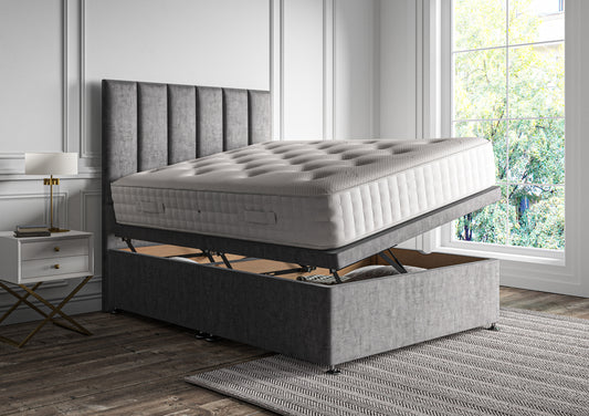 Empire Upholstered Floor Standing Headboard and Side Opening Ottoman Including Silk 2000 Mattress Bed Deep Sleep Double Heritage Steel Headboard Included