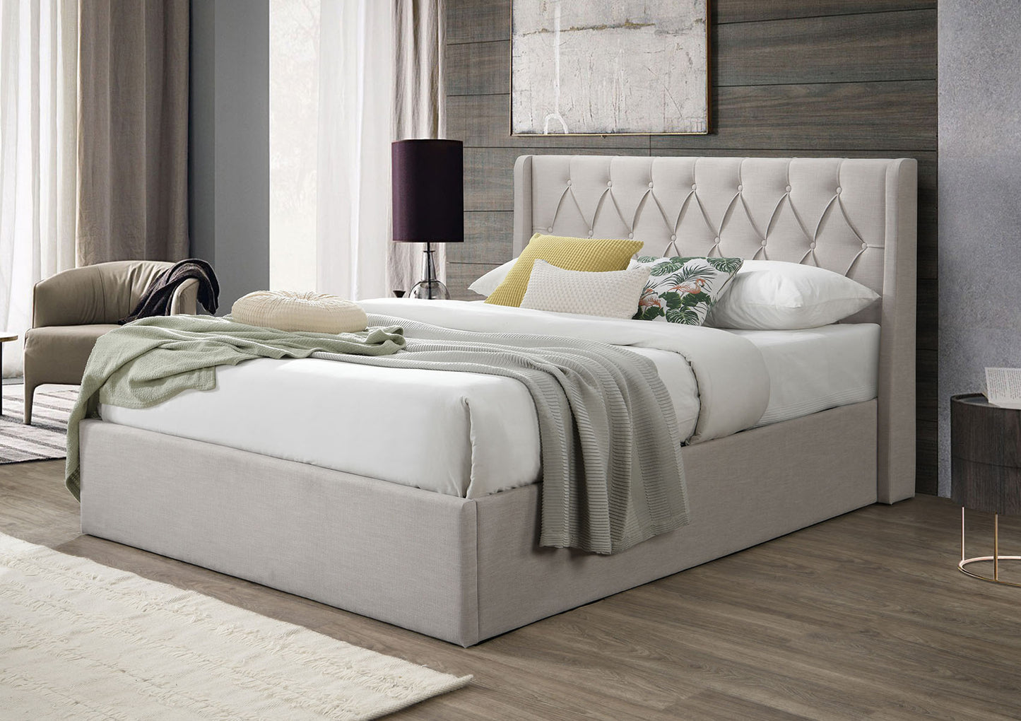 Ancona Oat Winged Upholstered Ottoman Bed Frame Bed time4sleepadmin