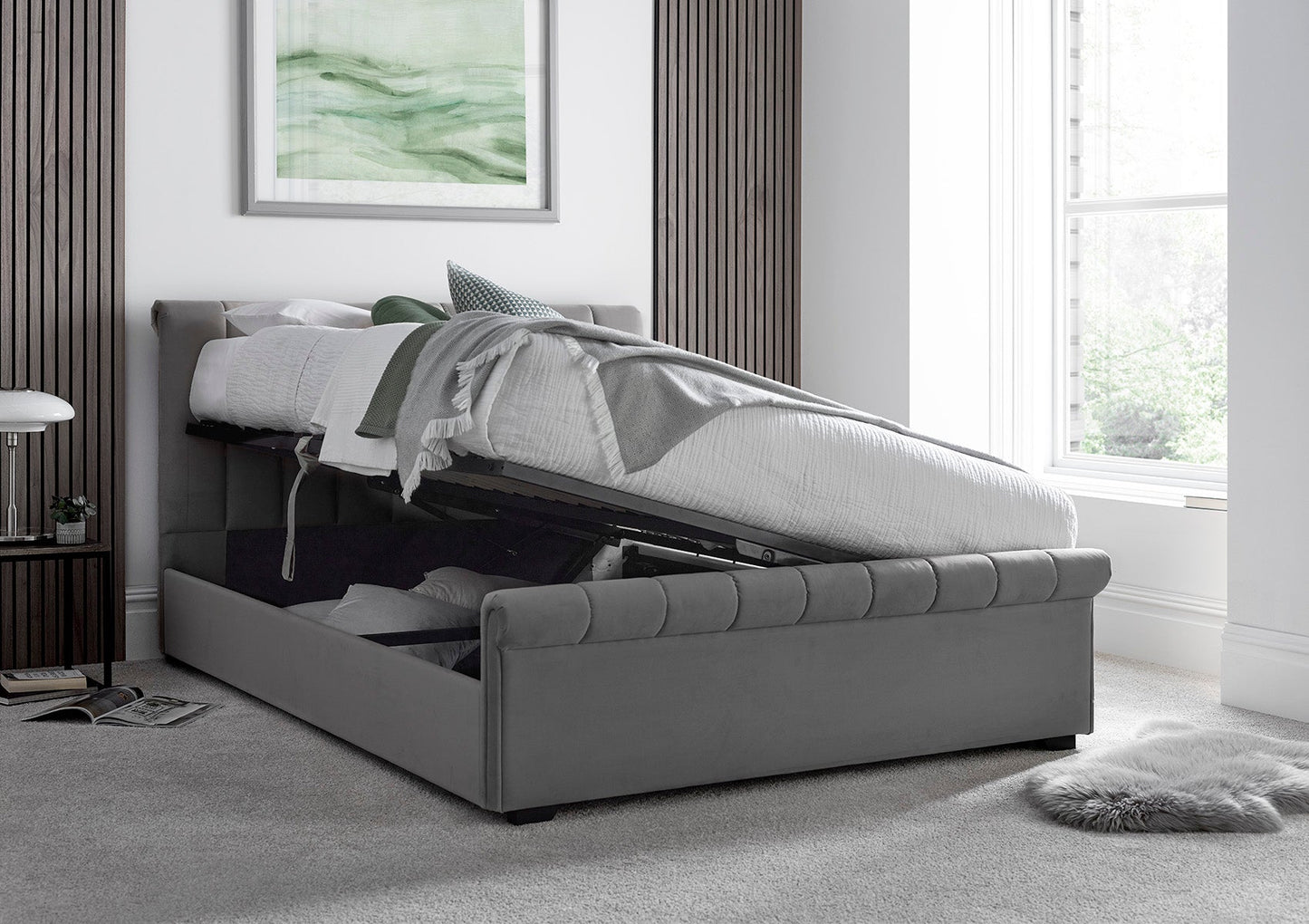Ascot Grey Upholstered Ottoman Storage Sleigh Bed and Classic Deluxe Mattress Bed Time4Sleep