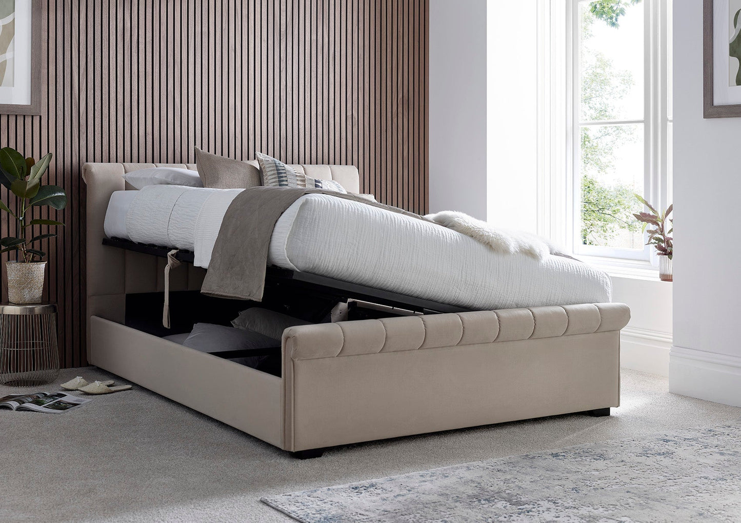 Ascot Stone Upholstered Ottoman Storage Sleigh Bed and Classic Deluxe Mattress Bed Time4Sleep