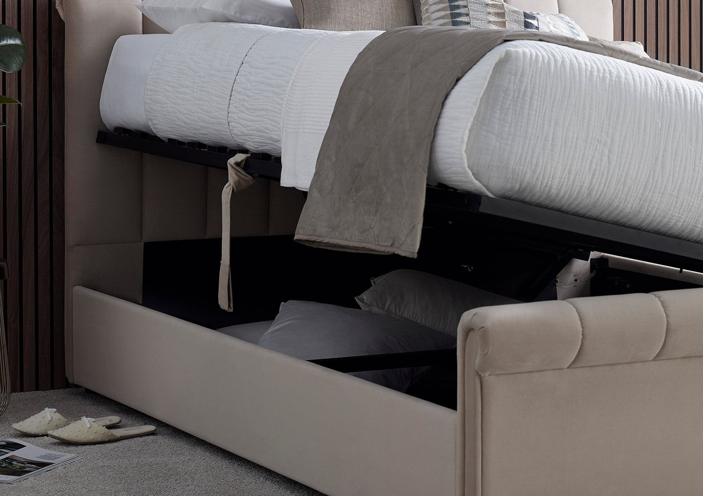 Ascot Stone Upholstered Ottoman Storage Sleigh Bed Bed Time4Sleep