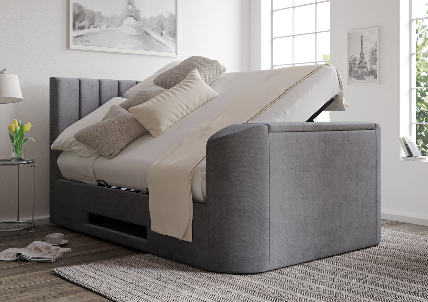Berkley Upholstered Hugo Platinum Ottoman TV Bed - Bed Frame Only Bed Time4Sleep