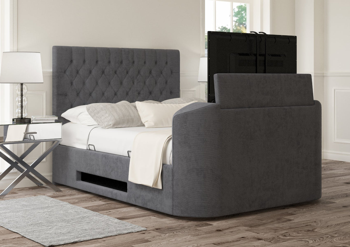 Bundle: Claridge Upholstered Hugo Platinum Ottoman TV Bed - Double Bed And Sleep Sanctuary Crystal 3000 Pocket Double Mattress Bundle time4sleepadmin