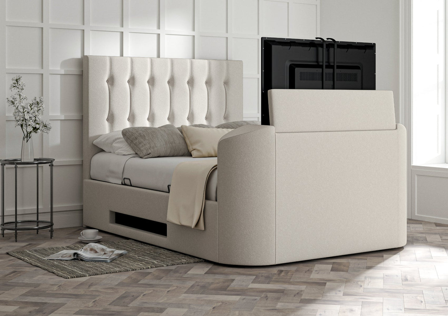 Bundle: Dorchester Upholstered Arran Natural Ottoman TV Bed - King Size Bed And Memory Pocket 1000 Hybrid King Size Mattress Bundle time4sleepadmin
