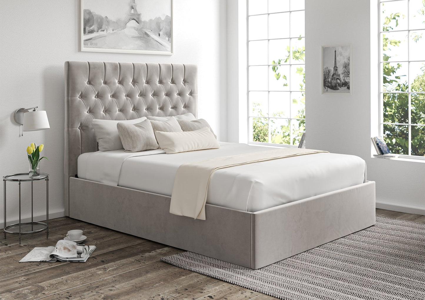 Bundle: Maxi Hugo Platinum Upholstered Ottoman Super King Size Bed And Sleep Sanctuary Essentials 1000 Pocket - Super King Size Mattress Bundle time4sleepadmin