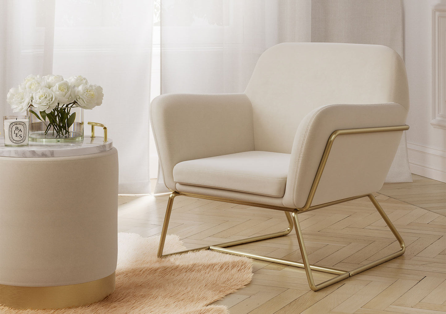 Sennen Cream Velvet Upholstered Accent Armchair Furniture time4sleepadmin