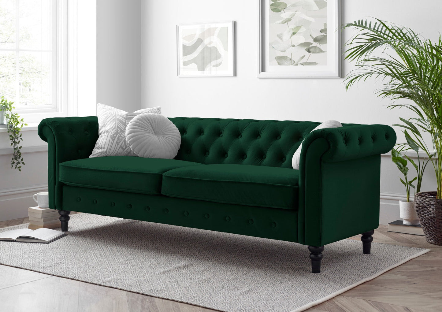 Chesterfield Green Velvet 3 Seater Sofa Furniture Ritz Panel