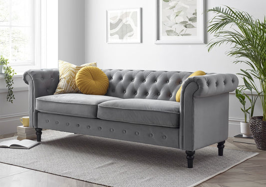 Chesterfield Grey Velvet 3 Seater Sofa Furniture Time4Sleep