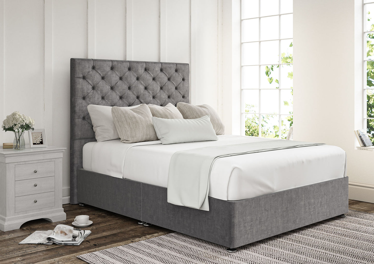Chesterfield Upholstered Headboard and Divan Base Bed time4sleepadmin Single Non-Storage Heritage Steel