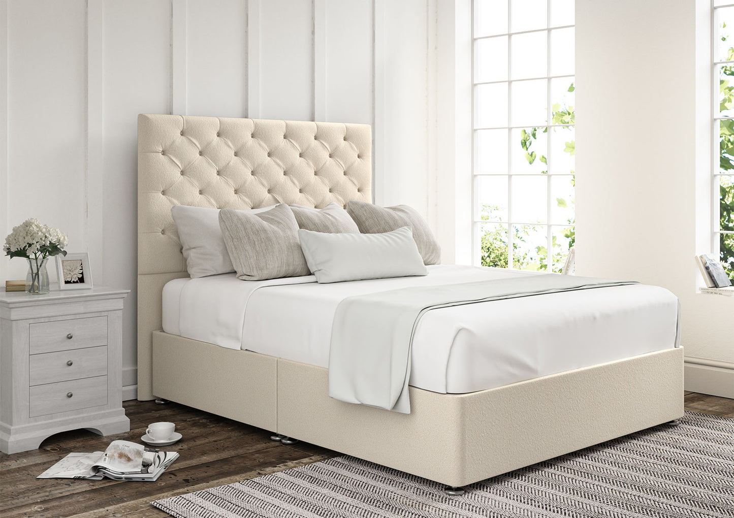 Chesterfield Upholstered Headboard and Divan Base Bed time4sleepadmin Single Non-Storage Teddy Cream