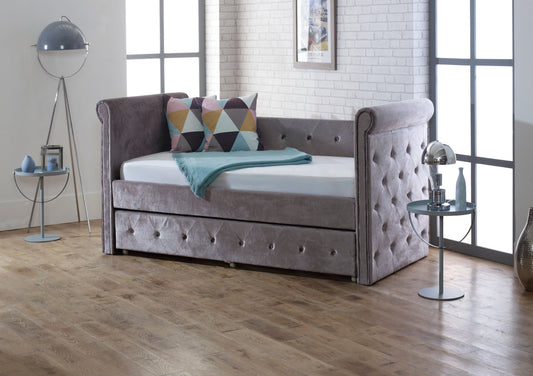 Chesterfield Upholstered Day Bed - Silver Bed Time4Sleep