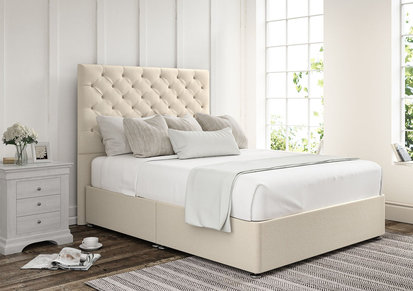 Chesterfield Upholstered Headboard and Divan Base Bed Time4Sleep Double Non-Storage Teddy Cream