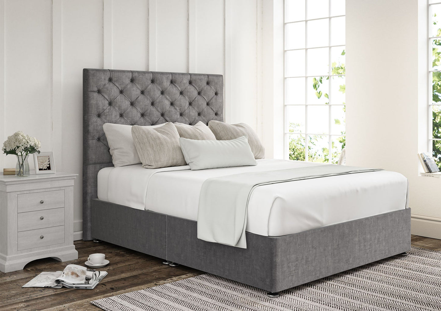Chesterfield Upholstered Headboard and Divan Base Bed Time4Sleep King Non-Storage Heritage Steel