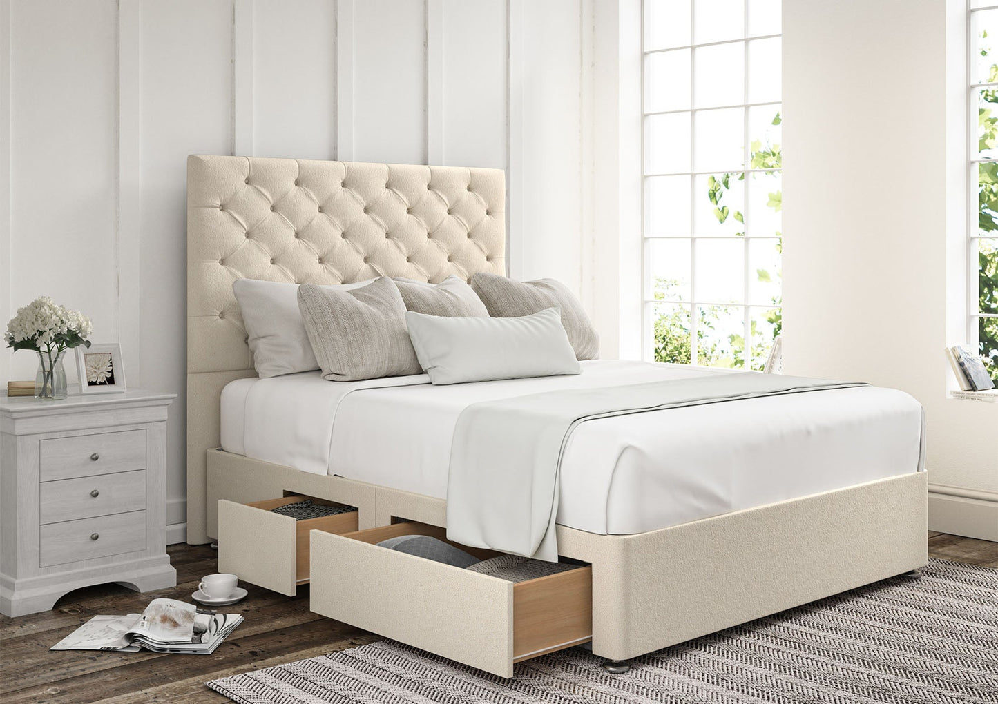 Chesterfield Upholstered Headboard and Divan Base - Bed - Time4Sleep