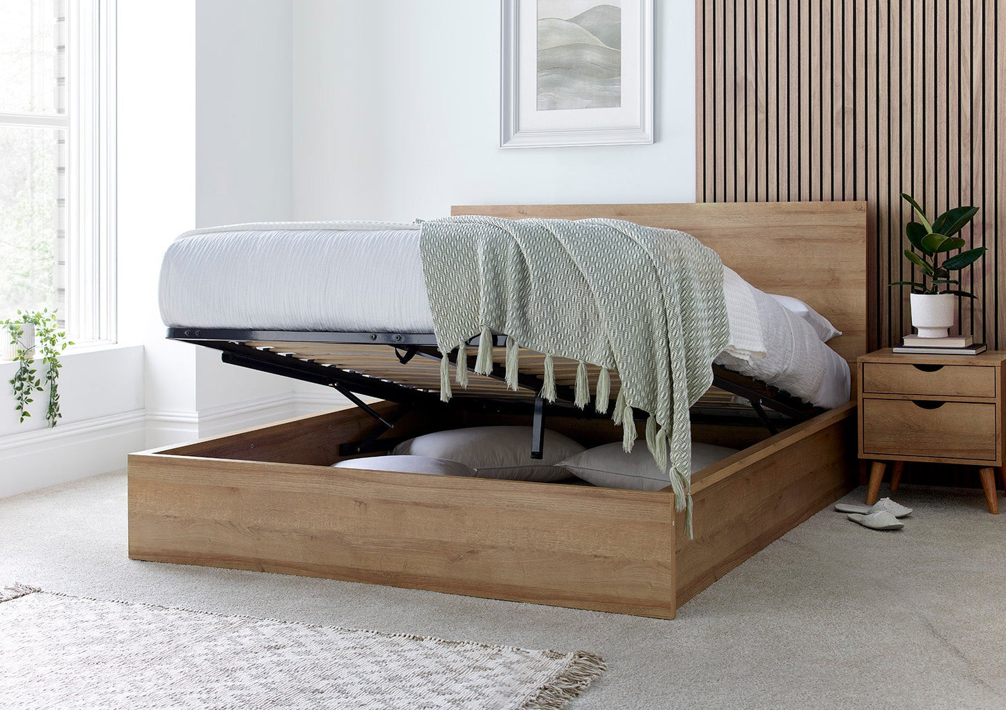 Chicago Riviera Oak Wooden Ottoman Storage Bed and Classic Deluxe Mattress - Bed - Time4Sleep
