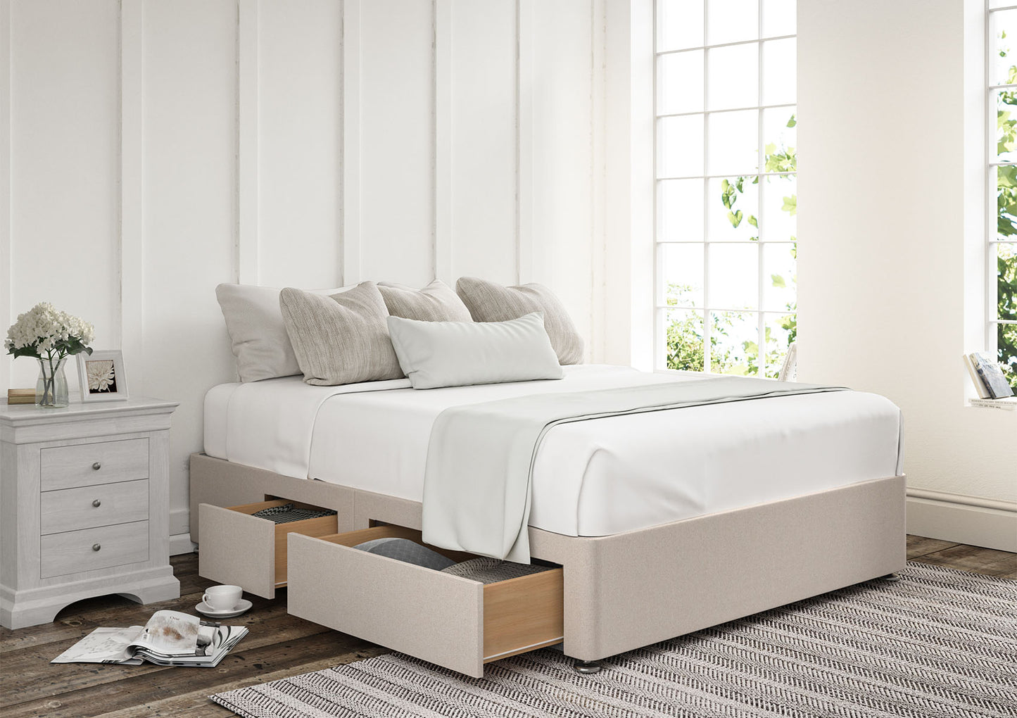 2+2 Continental Drawer Upholstered Storage Base Bed time4sleepadmin Compact Double Carina Parchment