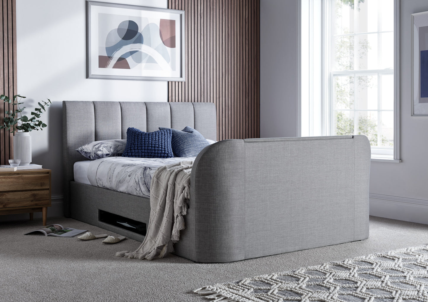 Copenhagen Upholstered Ottoman TV Bed - Mid Grey Bed time4sleepadmin