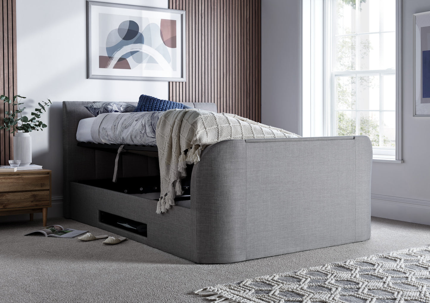 Copenhagen Upholstered Ottoman TV Bed - Mid Grey Bed time4sleepadmin
