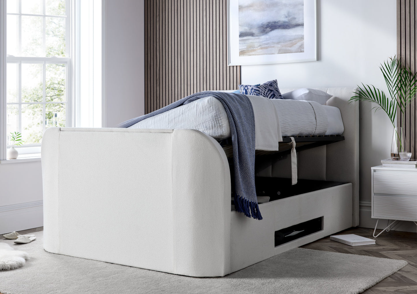 Copenhagen Upholstered Ottoman TV Bed - Off White Bed time4sleepadmin