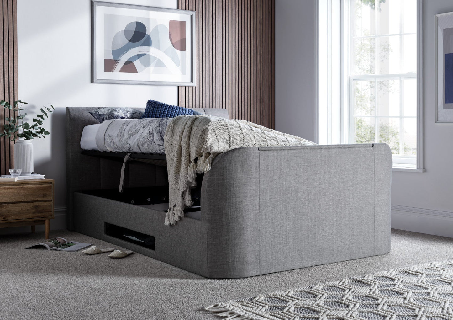 Copenhagen Upholstered Ottoman TV Bed - Mid Grey - Bed - Time4Sleep
