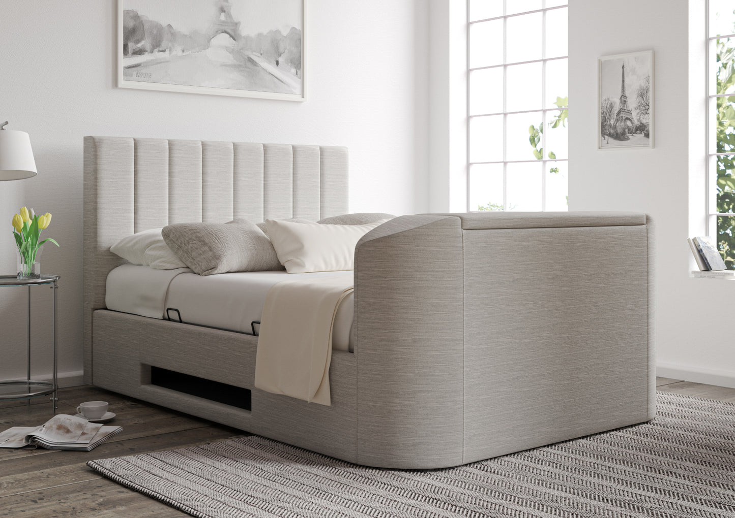 Berkley Upholstered Linea Fog Ottoman TV Bed - Bed Frame Only Bed time4sleepadmin