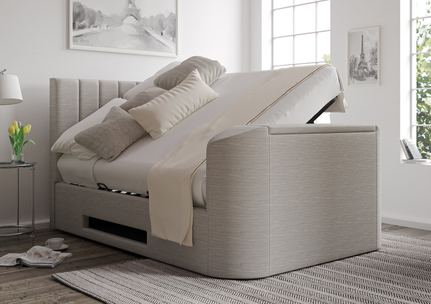 Berkley Upholstered Linea Fog Ottoman TV Bed - Bed Frame Only Bed time4sleepadmin