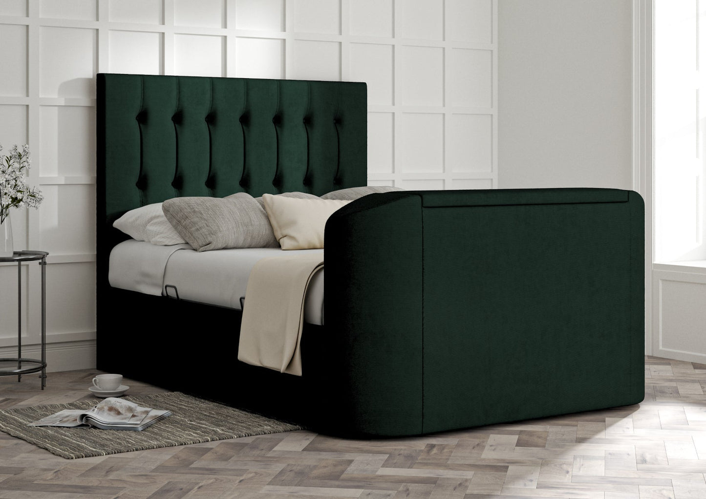 Dorchester Upholstered Hugo Bottle Green Ottoman TV Bed - Bed Frame Only - Bed - Time4Sleep