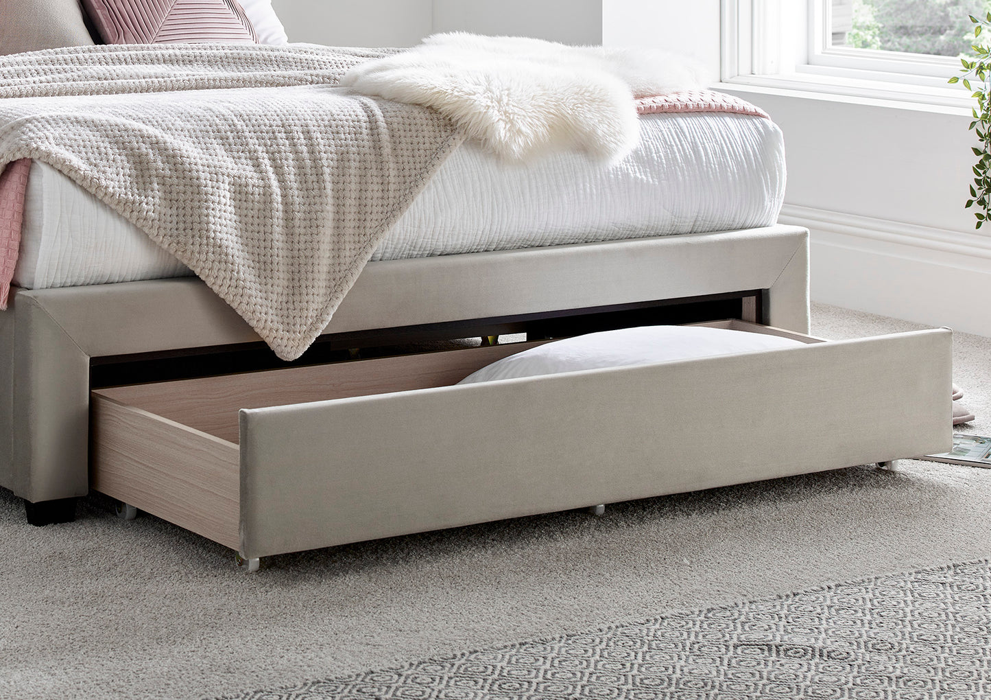 Elegance Champagne Upholstered Drawer Bed Frame Only Bed time4sleepadmin