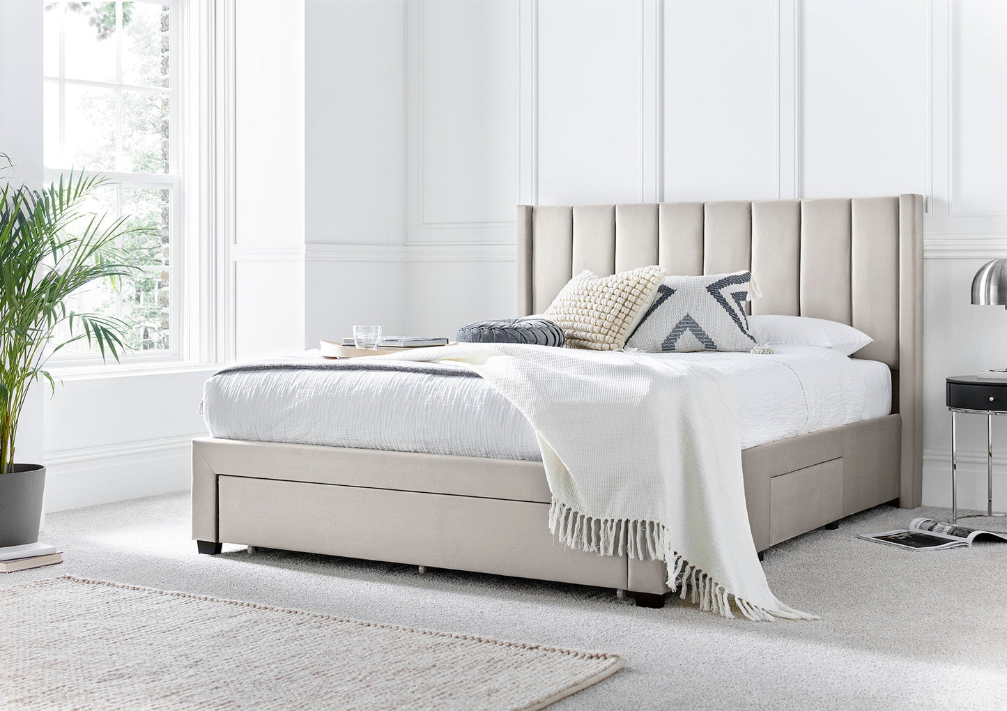 Elegance Natural Beige Upholstered Drawer Bed Frame Only - Bed - Time4Sleep