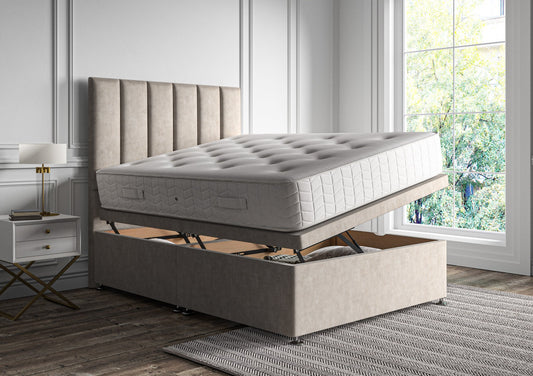 Empire Upholstered Floor Standing Headboard and Side Opening Ottoman Including Chatsworth 1000 Mattress Bed Deep Sleep Double Heritage Steel Headboard Included