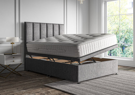 Empire Upholstered Floor Standing Headboard and Side Opening Ottoman Including Ultra Ortho 2000 Mattress Bed Deep Sleep Double Heritage Steel Headboard Included