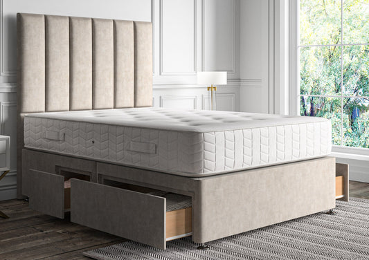 Empire Upholstered Floor Standing Headboard and Storage Divan Including Chatsworth 1000 Mattress Bed Deep Sleep Single Heritage Steel 2 Drawer