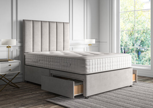Empire Upholstered Floor Standing Headboard and Storage Divan Including Silk 2000 Mattress Bed Deep Sleep Double Heritage Steel 2 Drawer