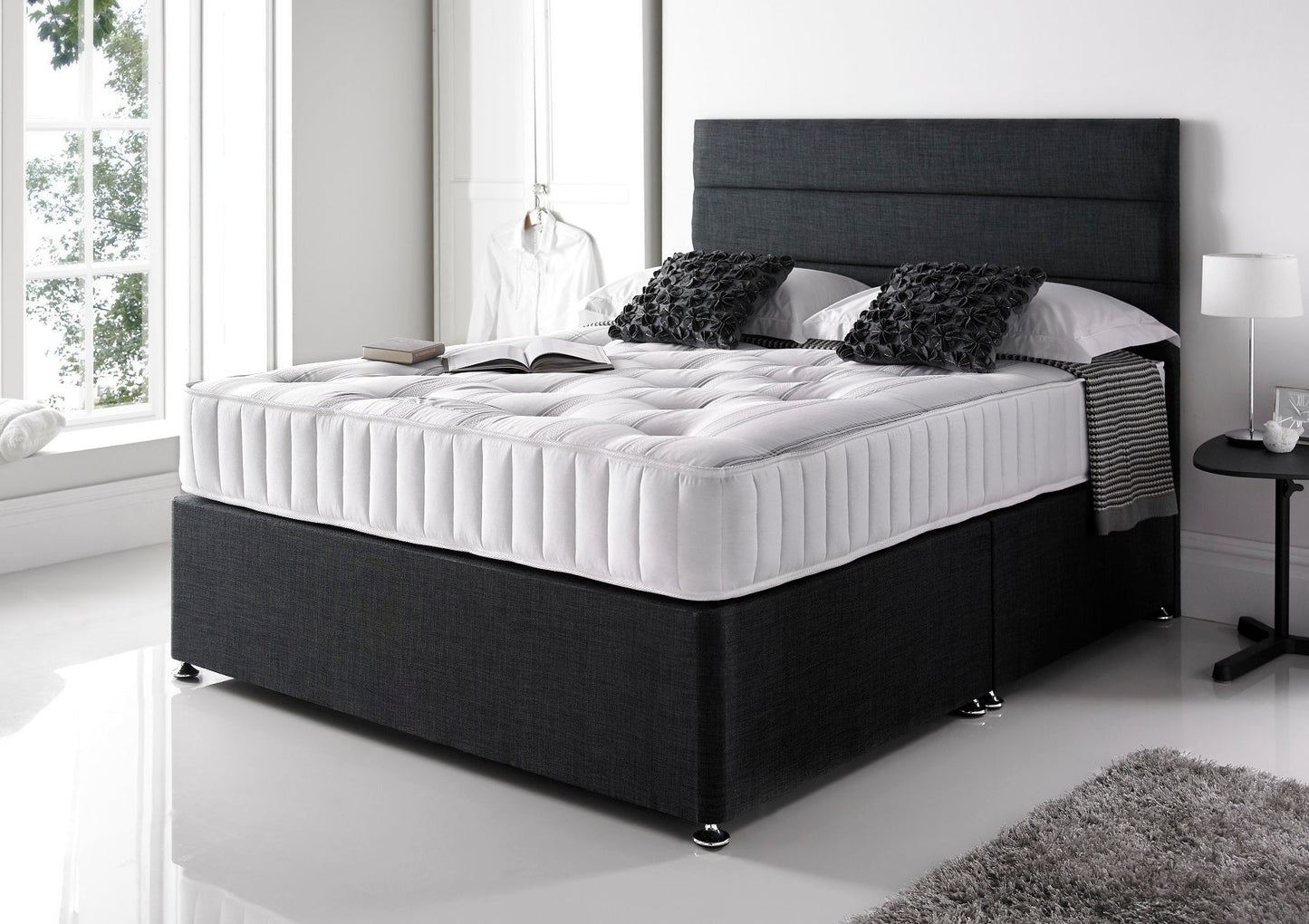 Essentials 1000 Divan & Mattress Bed Deluxe Double Charcoal 2 Drawer