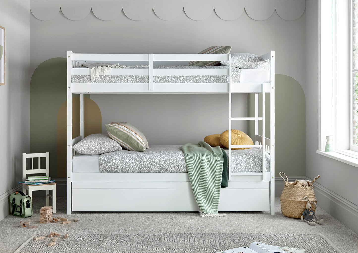 Essentials White Single Wooden Bunk Bed Frame With Trundle Bed time4sleepadmin