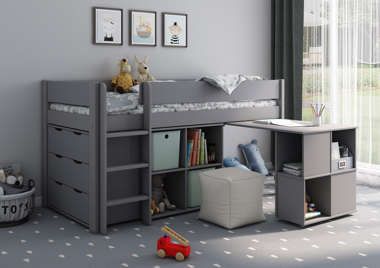 Estella Grey Mid Sleeper Bed Frame With Cube, Desk & Chest Bed time4sleepadmin
