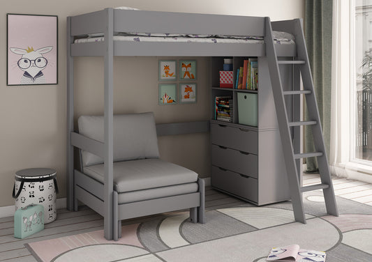 Estella Grey High Sleeper Bed Frame With Sofabed, Chest & Cube Bed time4sleepadmin