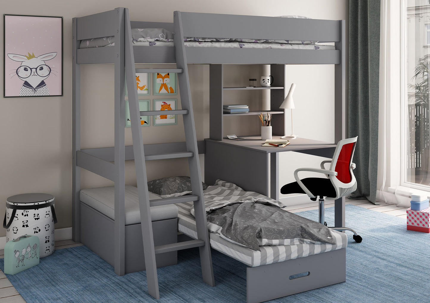 Estella Grey High Sleeper Bed Frame With Desk & Grey Futon Bed time4sleepadmin